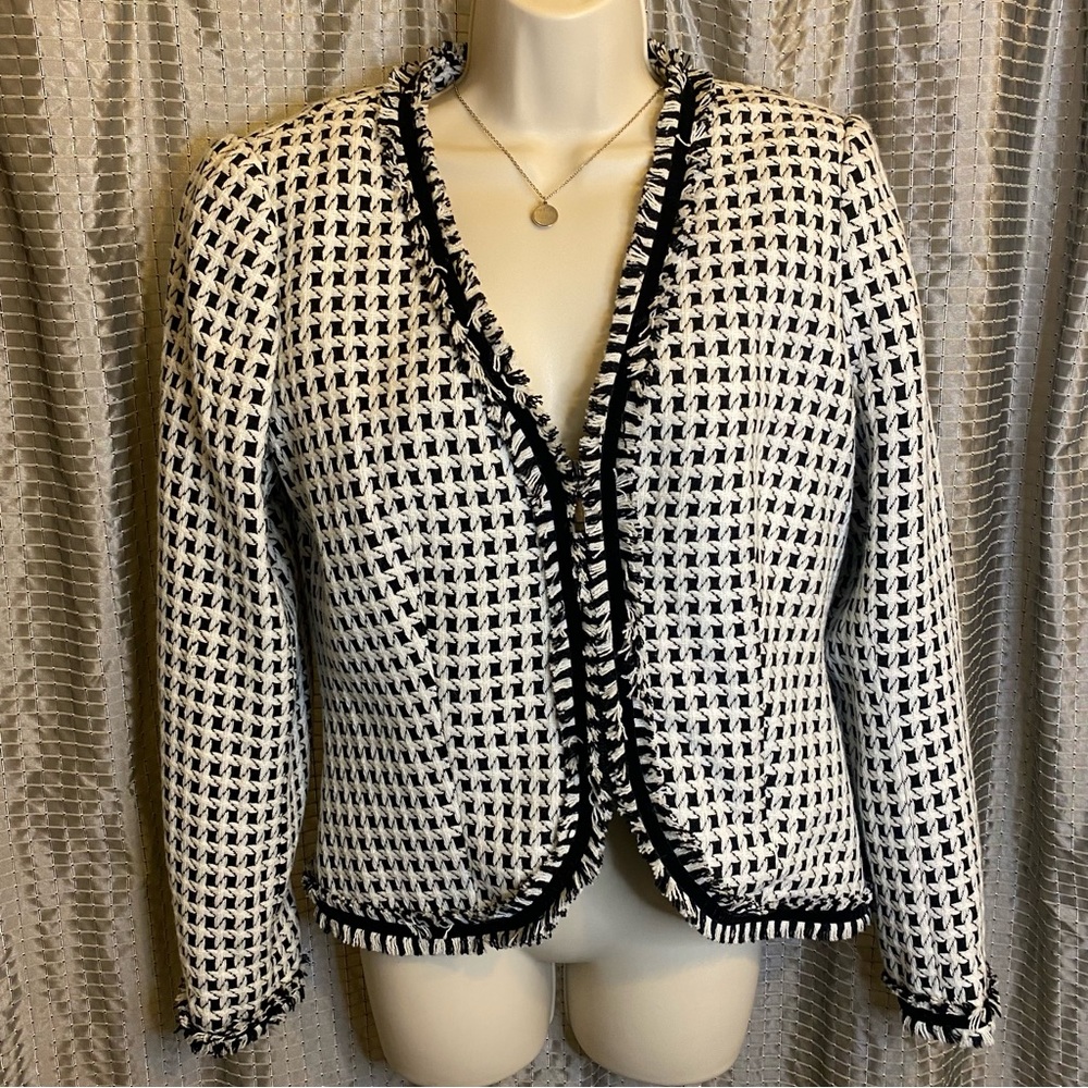 Ilusion Black/Ivory Fringed/Tweed Zipper Blazer 8